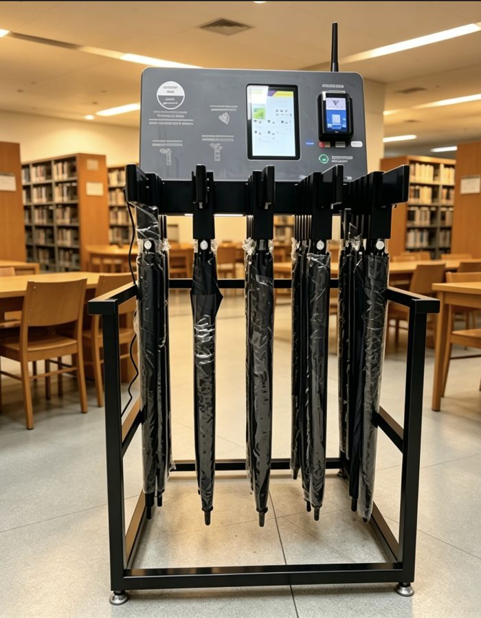 RentaBrolly umbrella stand installed indoors
