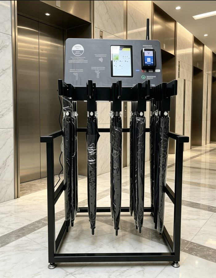 RentaBrolly umbrella stand in a hotel lobby